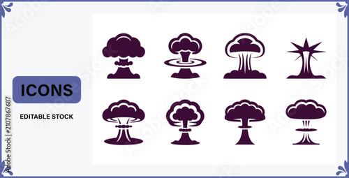 Billede på lærred Collection of Dark Purple Mushroom Cloud Explosion Icons Representing Nuclear De