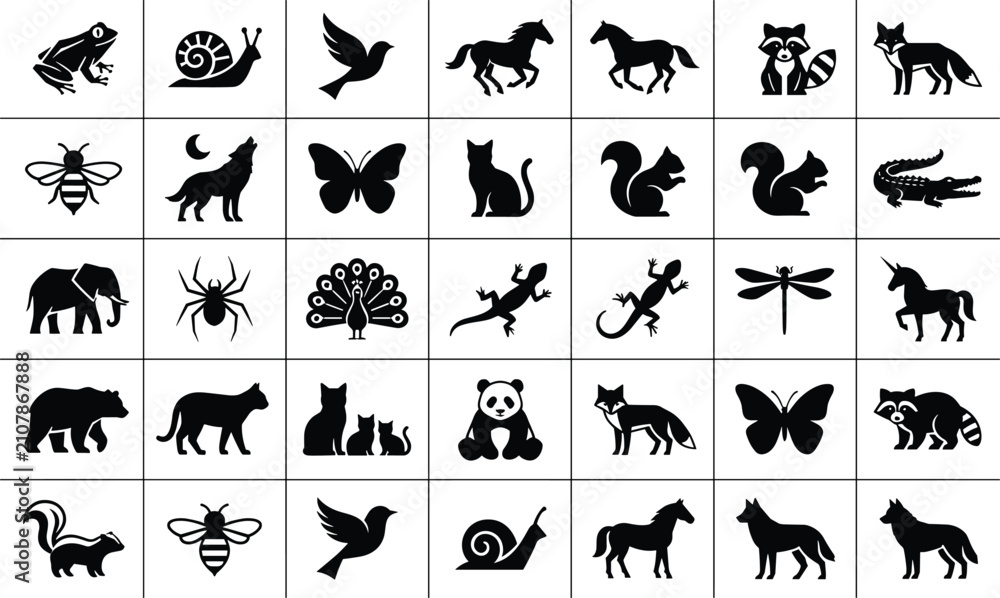 Obraz premium Black animal silhouettes icon set featuring wild and domestic animals birds insects and reptiles for web graphic design assets