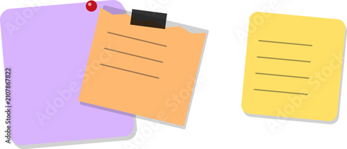 Set of three colorful sticky notes with lined text space for planning, organizing, or office use in flat vector design style