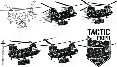 Cuadro en lienzo Tactical military transport helicopter vector set with Chinook cargo airlift, av