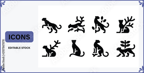 Collection of black silhouette icons depicting wild felines and stylized nature elements arranged in two rows
