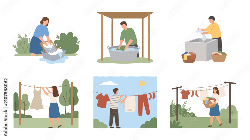 Fototapeta premium People washing clothes by hand and hanging laundry outdoors set