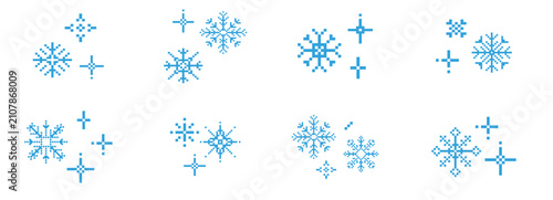 Obraz na plátně Pixel winter snowflake set, seasonal blue crystal decorative elements in pixel art