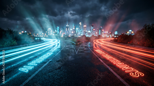 Futuristic city skyline at night with divided highway light trails representing ai progress and energy constraints as two divergent paths for technological advancement art.