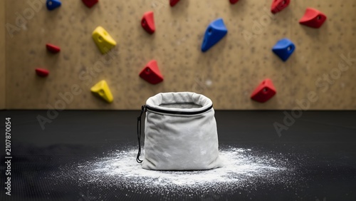 Chalk bag and colorful climbing holds, indoor bouldering culture