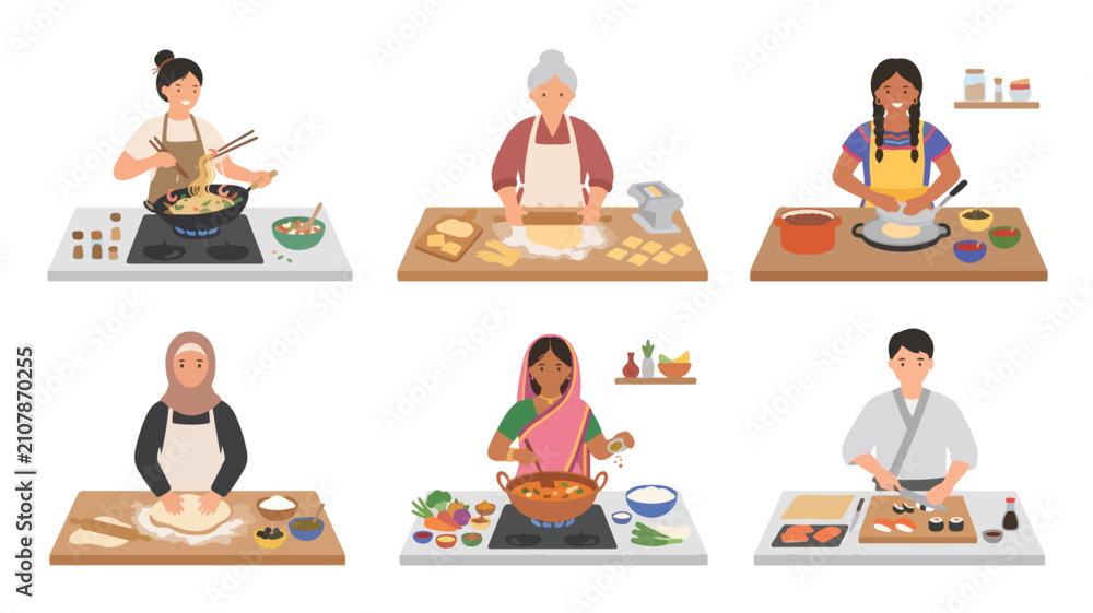 Fototapeta premium Diverse People Cooking Traditional Dishes from Different Cultures