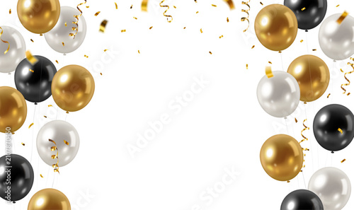 Vector decorative frame or border with metallic gold, white and black party balloons, falling confetti and streamers with space in the middle
