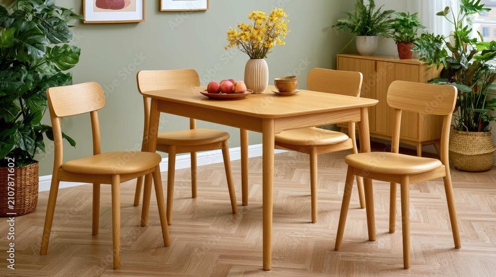 Fototapeta premium Modern Dining Room with Wooden Table and Chairs Surrounded by Indoor Plants and Decor in Bright Natural Lighting