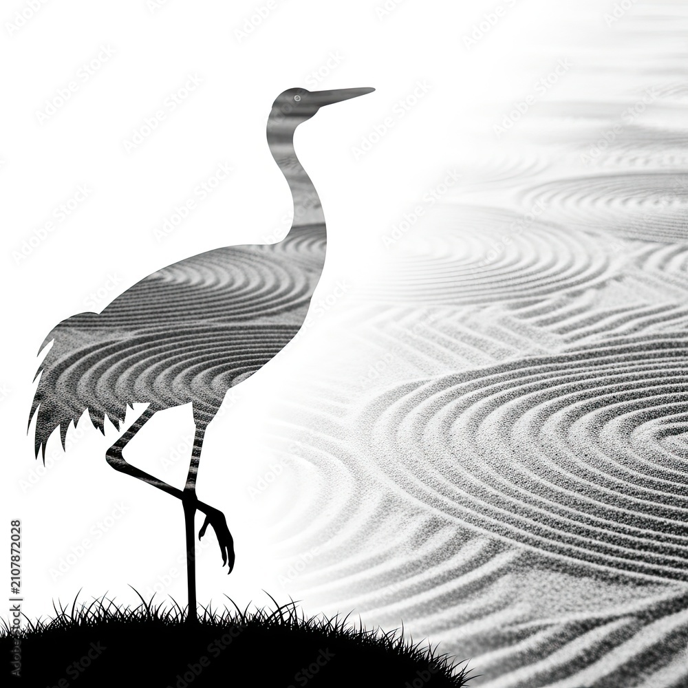 Obraz premium Black and White Crane Standing Near Rippled Water With Grassy Foreground