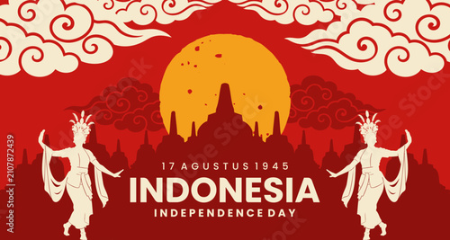 Indonesia Independence Day Banner with Traditional Indonesian Ornament, 17 August National Celebration Background, Cultural Festival Vector Template