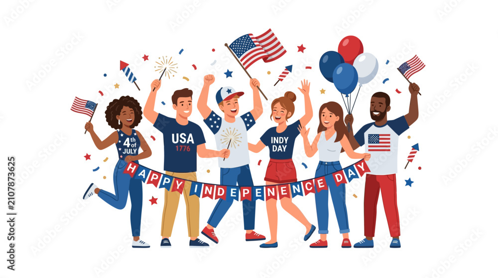 Fototapeta premium Diverse Group of Happy People Celebrating National Holiday with Flags