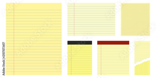 Yellow lined legal pad paper notebook sheet set template. Office stationery ruled note page, torn ledger paper graphic element collection. Editable vector illustration
