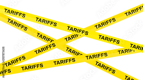 Tariffs tape illustration template. Yellow caution tape with tariffs text, international trade tax customs duty border graphic element. Vector illustration, transparent background