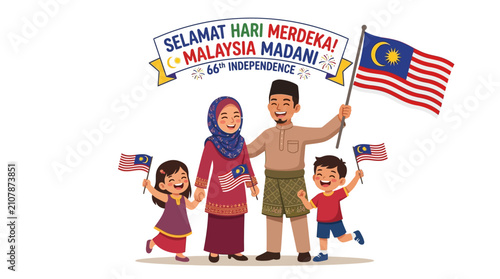 Happy Malaysian Family Celebrating Independence Day Cartoon Illustration