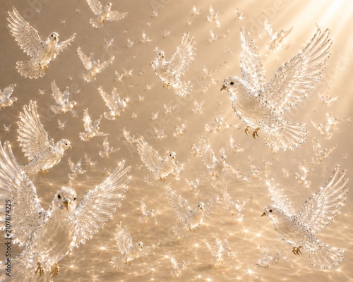 Luminous White Glass Doves Flying  – Luxury 3D Illustration
