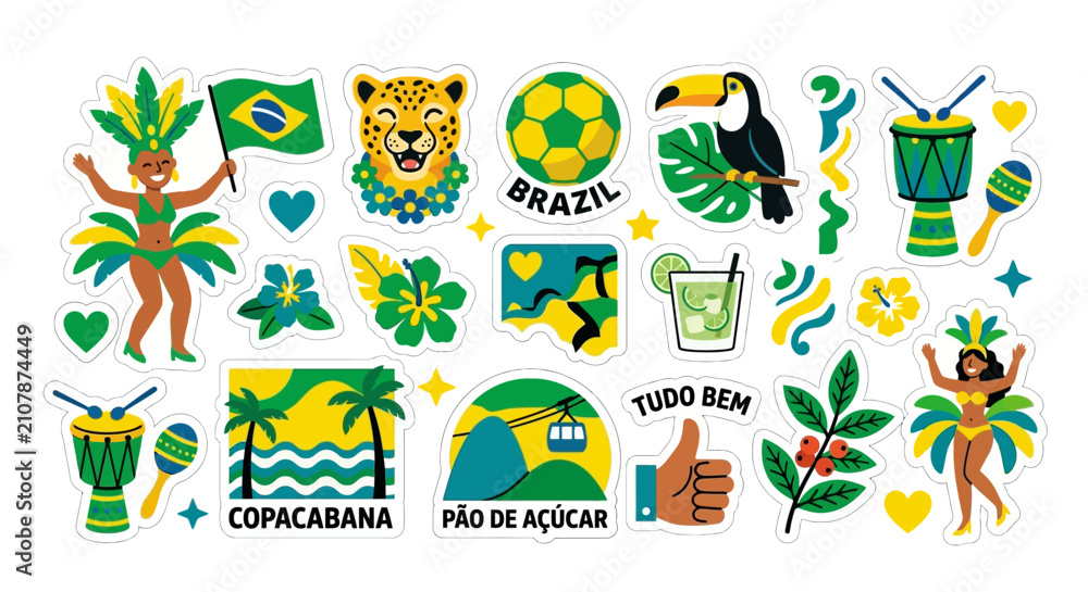 Naklejka premium Set of Brazilian Carnival Culture Elements and Travel Icons Illustration