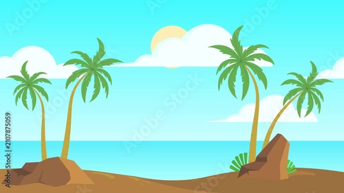 Summer beach scene with swaying coconut trees and bright sunlight, summer-themed beach animation, 2D animated bacground, 4K video