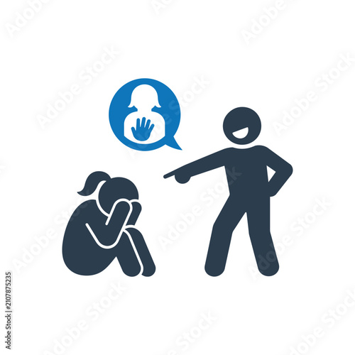 Man reaching toward a frightened, cowering person, intimidation and harassment warning icon
