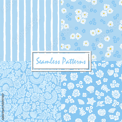 Seamless pastel blue summer patterns with stylized flowers, corals, playful ocean themed. Vector hand drawn pattern collection