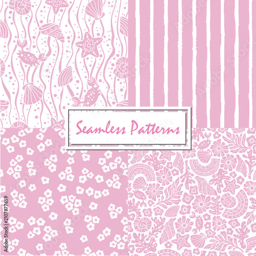 Hand drawn seamless pattern collection. Boho background with pastel pink and white stylized flowers and marine elements