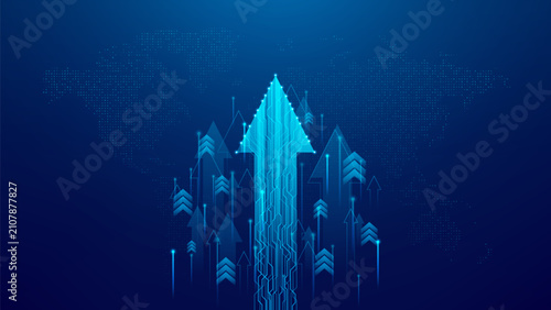 Business growth or technology innovation concept. Blue glowing futuristic rising arrows on background of world map symbolize financial or investment success, digital progress. Vector illustration.