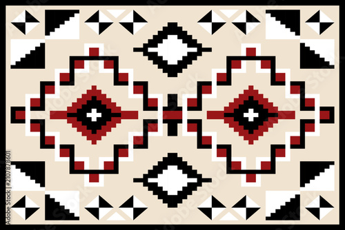 Seamless Southwestern geometric pattern featuring red, black, beige, and white diamond motifs with pixel-style borders for fabric, apparel, rugs, wallpaper, and decorative surface design.