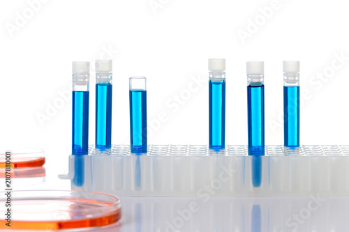 Fotografía Laboratory setup with blue liquid test tubes and petri dishes on white background, representing scientific research, chemical analysis, and microbiology testing