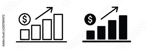 Minimalist bar chart icons depicting rising financial performance with dollar coin symbols and upward directional arrows indicating economic growth profit gains business success money market 