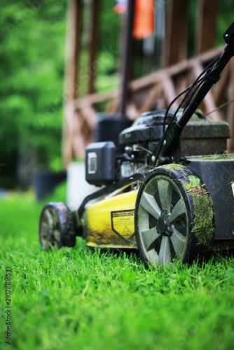 Foto Close-Up of Lawn Mower Cutting Fresh Green Grass in a Lush Backyard Setting