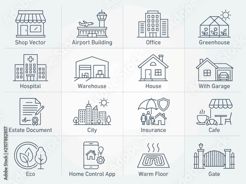 Vector icons of various business buildings.