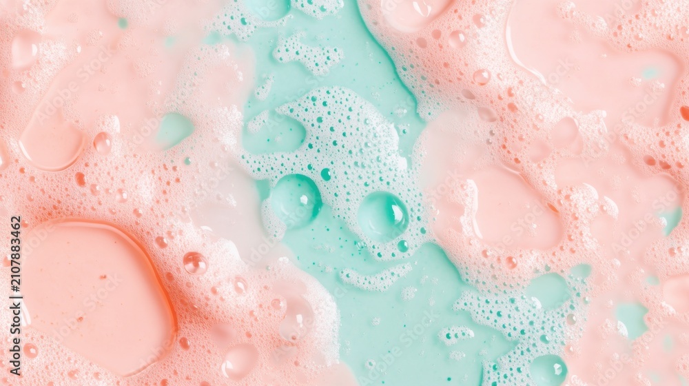 Fototapeta premium Soft pastel colors blend as bubbles rise in pink and turquoise, creating a lively texture reminiscent of a playful bath experience