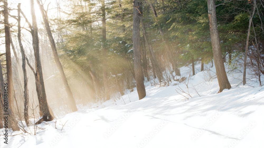 Obraz premium Sunlight shines through trees in a snowy forest during winter
