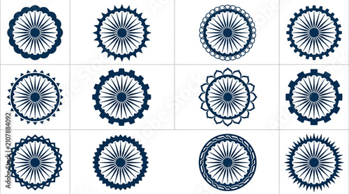 Fotografía Ashoka Chakra vector icons set, 12 blue dharma wheel symbols of India, decorativ