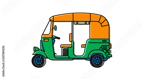 Quadro su tela Colorful auto rickshaw vector illustration, green and orange tuk tuk taxi side v