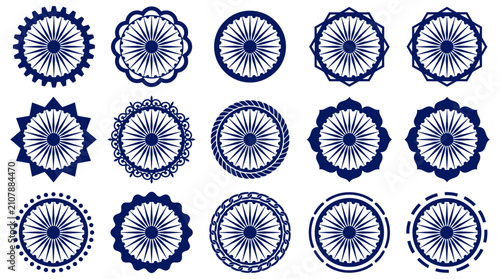 Fotografía Ashoka Chakra vector set, 15 navy blue Indian wheel icons, decorative dharma cha