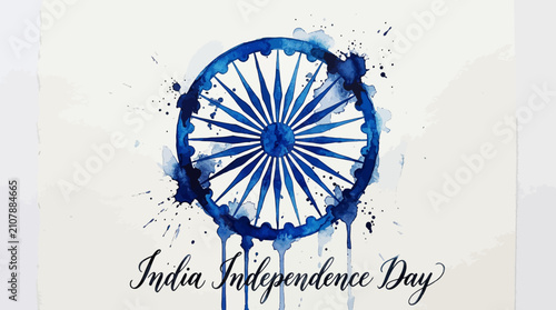 Tableau sur toile India Independence Day watercolor Ashoka Chakra, blue dharma wheel with paint sp