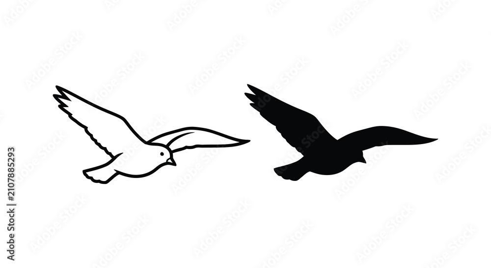 Obraz premium Flying bird with detailed outline and its black silhouette against a white background