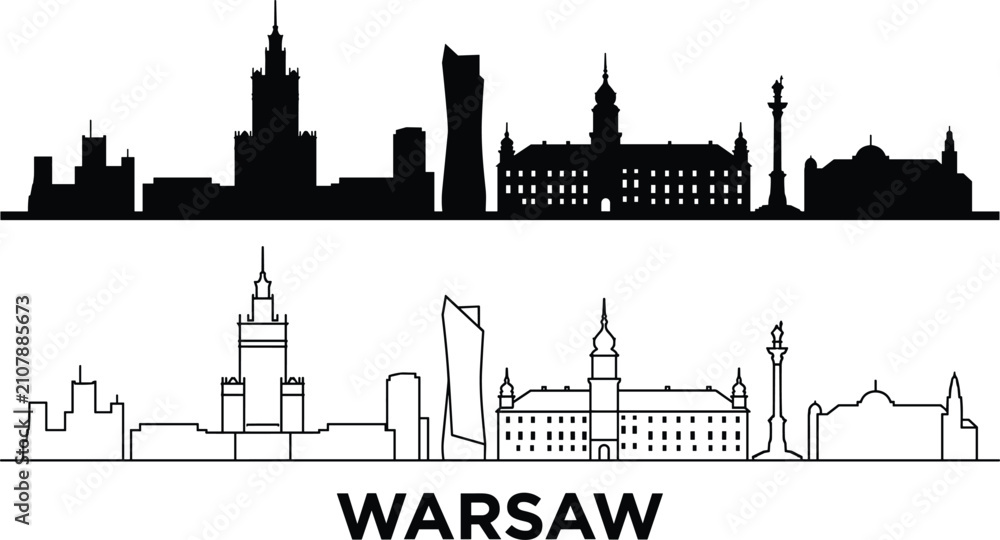 Fototapeta premium Black and White Skyline of Warsaw with Palace of Culture and Modern Skyscrapers