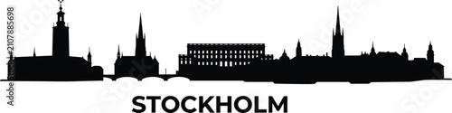 Black Silhouette of Stockholm Skyline with Historic Towers and Iconic Architecture