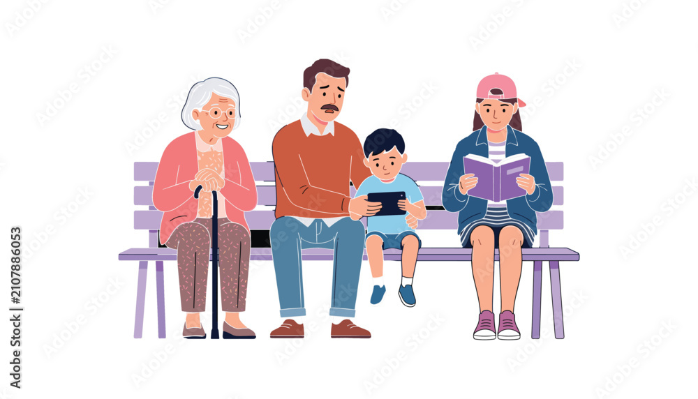 Obraz premium Multigenerational family sitting on a bench together with grandmother father son playing on phone and teenage girl reading book vector illustration