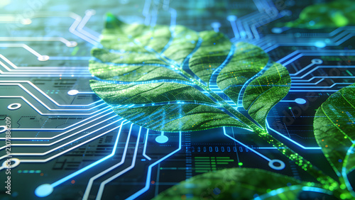 Close up of green leaf integrated with futuristic electronic circuit technology