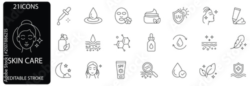 Skin care icons set. Containing Moisture cream, acid, anti wrinkle serum, ceramide, collagen, retinol compound, sunscreen. face mask,night care.Editable stroke vector. 