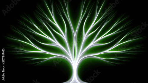 Abstract glowing green tree of life pattern on a black background, representing growth and connection