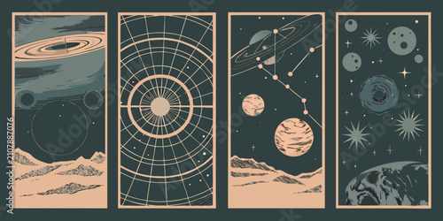 Planetary scenes and celestial grid pattern a set of four illustrated panels in muted tones