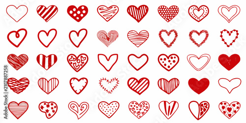 Photography Collection Of Red Heart Shapes A Vector Illustration With Varied Line Patterns O