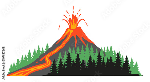 Obraz na płótnie Active volcano erupting with lava flow through a pine forest