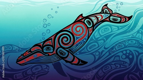 humpback whale diving into deep ocean in artistic native style illustration