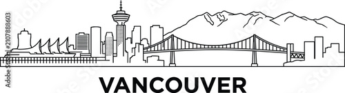 Black and White Line Drawing of Vancouver Skyline with Canada Place and Lions Gate Bridge