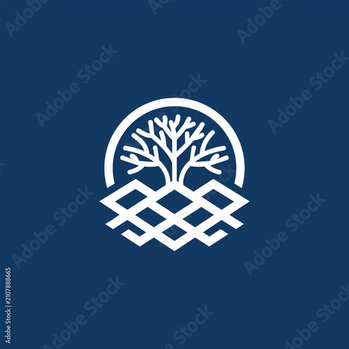 tree logo, white on blue background