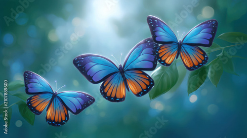 Three vibrant blue butterflies with orange markings alight on a green leafy branch, bathed in soft, dappled sunlight. The bokeh effect in the background creates a dreamy, ethereal atmosphere.